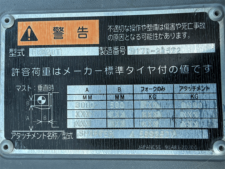 三菱 FGE20T／ガソリン／2.0t／3mマスト／アワー小