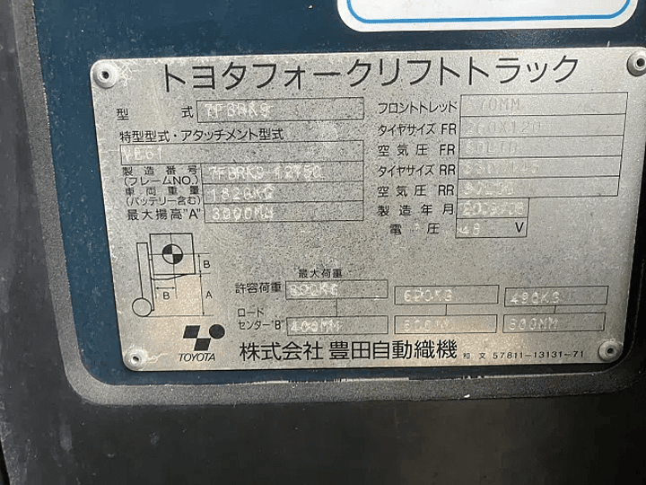 トヨタ 7FBRK9／900kg／アワー極小／サイドシフト／揚高3ｍ
